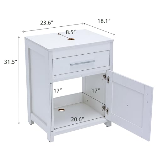 24 Inch Bathroom Vanity Sink Combo, Modern Pedestal Vanity Set, Sink Stand Under Sink Storage Cabinet Basin Vessel Sink with Chrome Faucet, Pop Up (WHITE WOOD 99B)