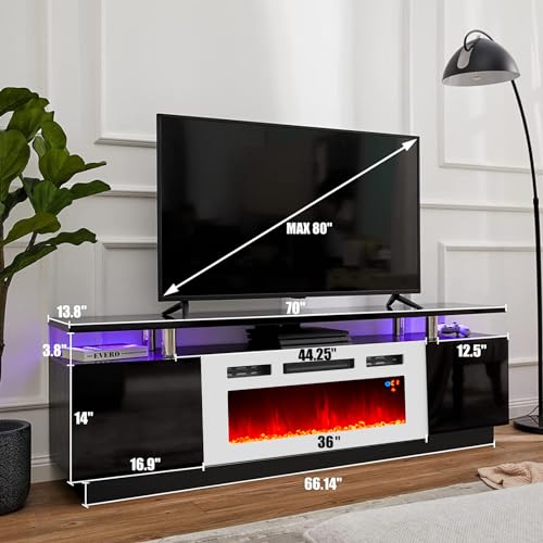 AMERLIFE Fireplace TV Stand with 40" Fireplace, 80" Modern High Gloss Fireplace Entertainment Center LED Lights, 2 Tier TV Console Cabinet for TVs Up to 90", Black & White