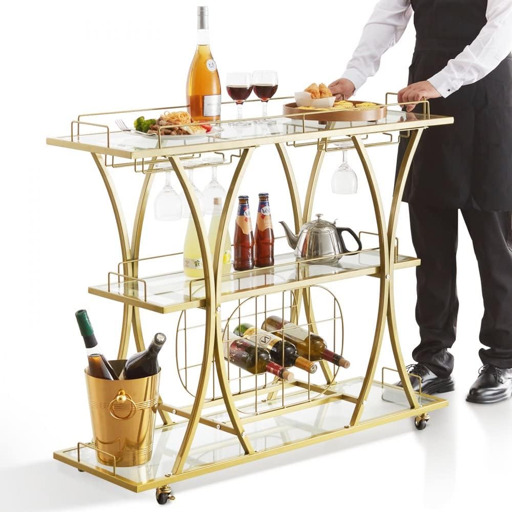 Gold Metal Bar Serving Cart with Wine Rack Glass Holder - 3 Tiers, 180 LBS Capacity - Perfect for Home Parties, Events, and Entertaining Guests
