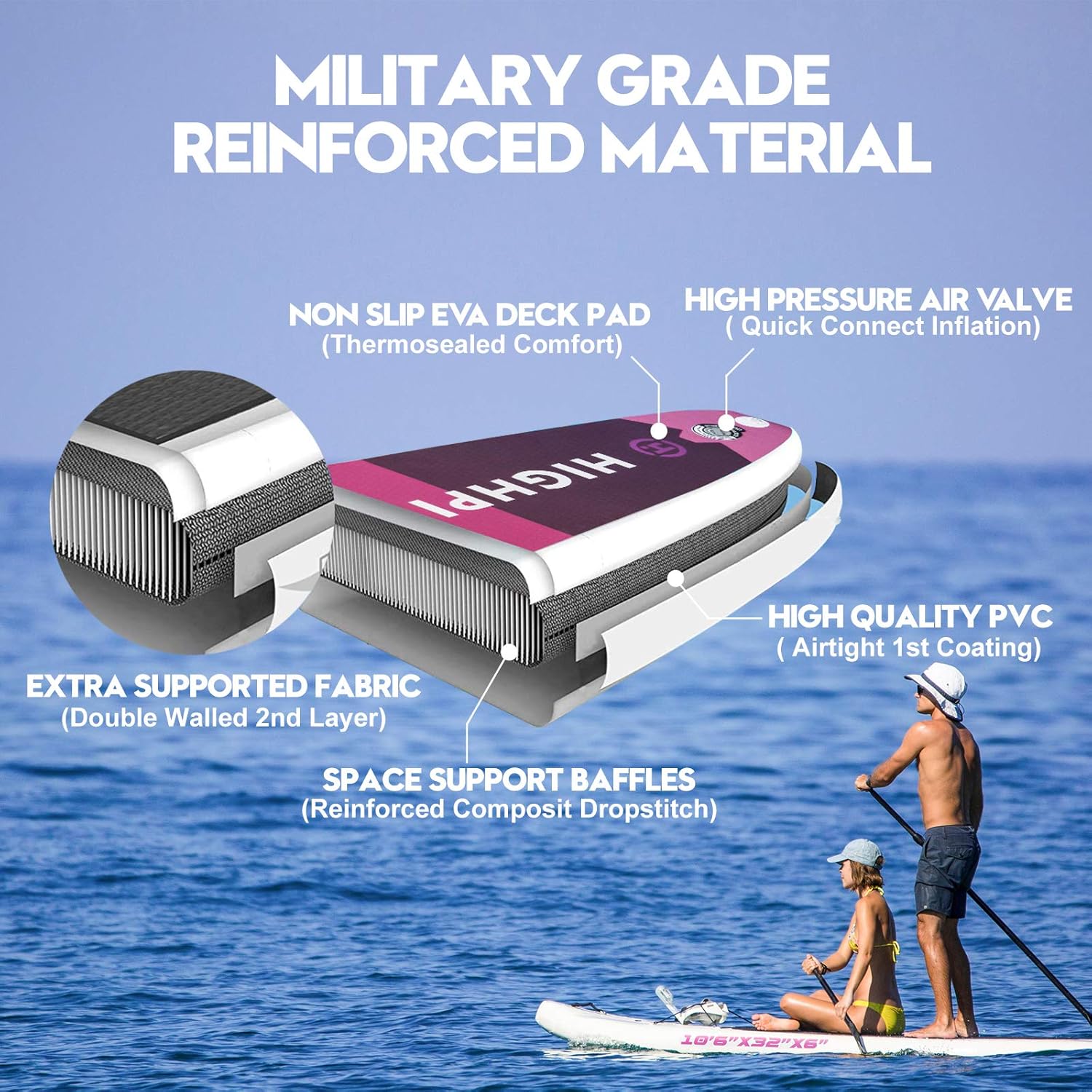 Highpi Inflatable Stand Up Paddle Board with Premium SUP Accessories, Backpack, Wide Stance, Surf Control, Non-Slip Deck, Leash, Paddle and Pump, Standing Boat for Youth and Adult