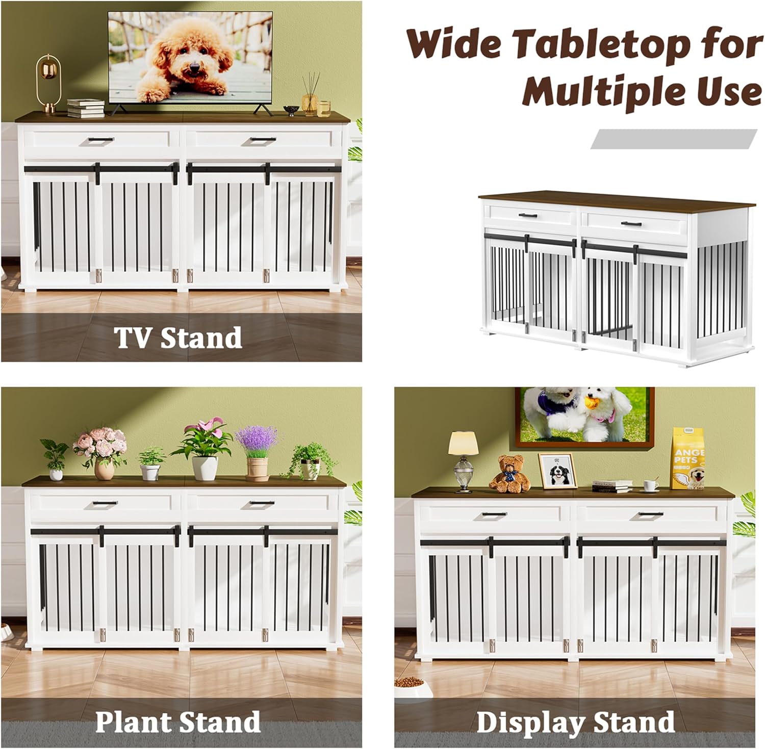 VEIKOU Dog Crate Furniture with 2 Storage Drawers, 2-in-1 Double Dog Kennel Furniture for Large Medium Small Dogs, Wooden Dog House Indoor with Removable Divider, Wide Tabletop for TV Stand, White