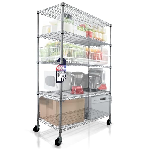 4000 LBS Heavy Duty Wire Rack 48 x 24 x 76, 5-Tier NSF Commercial Rolling Rack with Wheels, Chrome Metal Shelving Unit for Garage, Kitchen, Warehouse, Adjustable Storage Shelf, Crescent