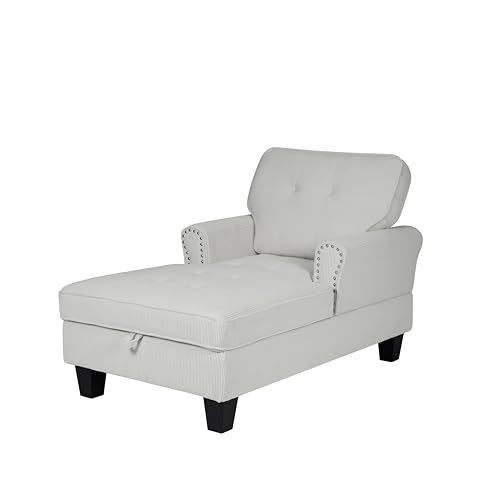 Corduroy Chaise Lounge with Storage, Indoor Sofa Bed Chair, Upholstered Lounge Chair for Bedroom, Living Room (Beige)