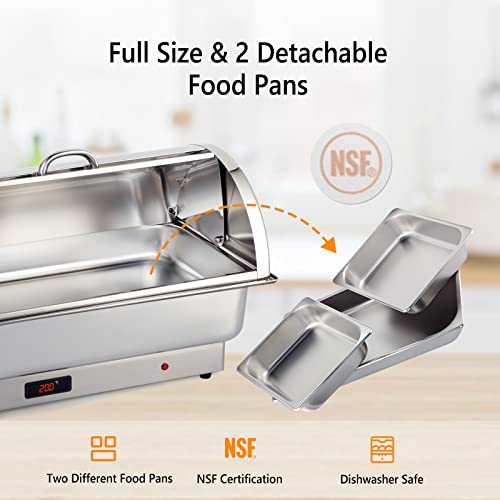 ROVSUN Electric 9 QT Stainless Steel Chafing Dish Buffet Set,Roll Top Chafer, Food Warmer with Full Size & 2 Detachable Food Pans for Party Wedding Catering Banquet Graduation