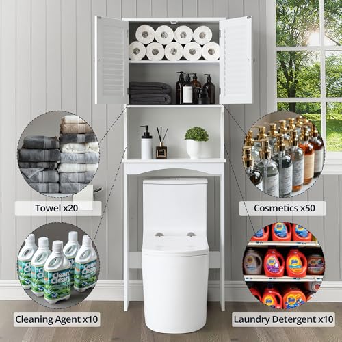 Over The Toilet Storage Cabinet, 3-Tier Freestanding Organizer, Bathroom Storage Cabinet Organize,Adjustable Shelves, Double Doors, Space-Saving for Bathroom, 23 * 67 inches, White