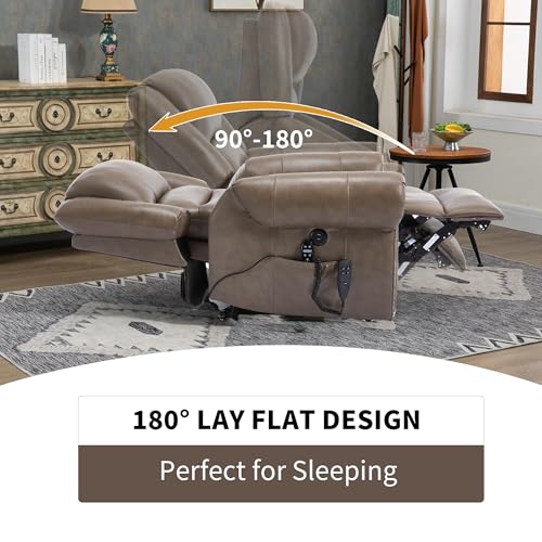 Dual Motor Power Lift Chair, Lay Flat Recliner Chair, Electric Recliner with Massage and Heat for Elderly, Remote Control, Infinite Position, Standing Assistance, USB Ports, Faux Leather, Brown
