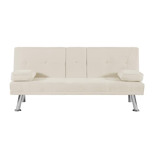 Futon Sofa Bed, 3 People Guest Bed, Modern Convertible Folding Futon Sofa Bed with Removable Armrests, Futon Couch Recliner Lounge with 2 Cup Holders for Living Room, Apartments, Dormitories, Office