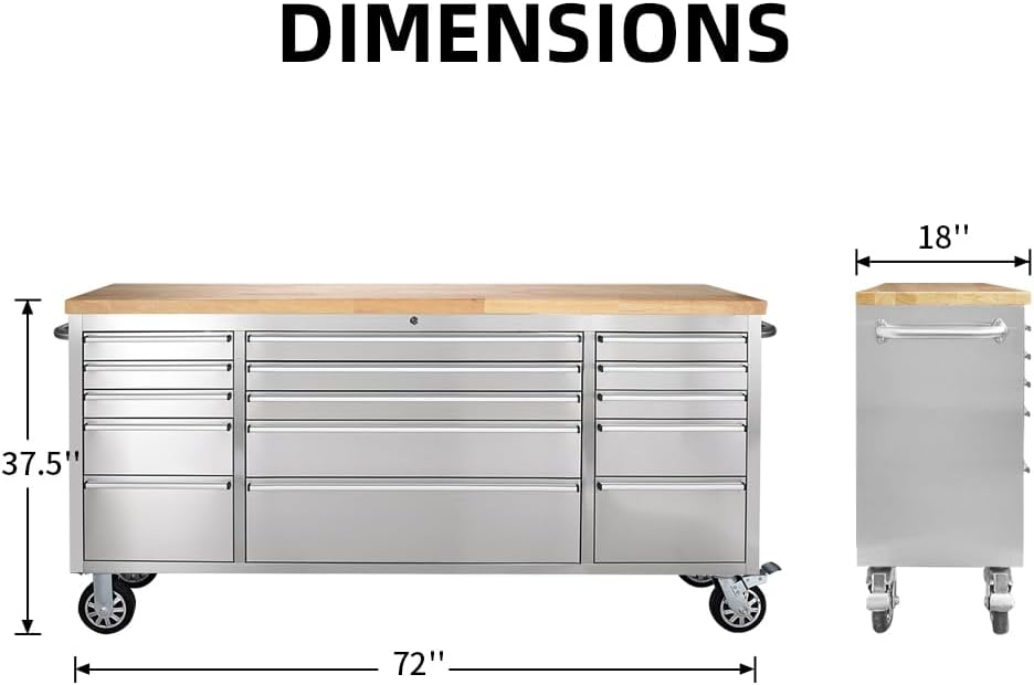 72-inch Stainless Steel Rolling Tool Chest with 15 Drawers, Lockable Mobile Storage Cabinet for Garage, Workshop, and Home
