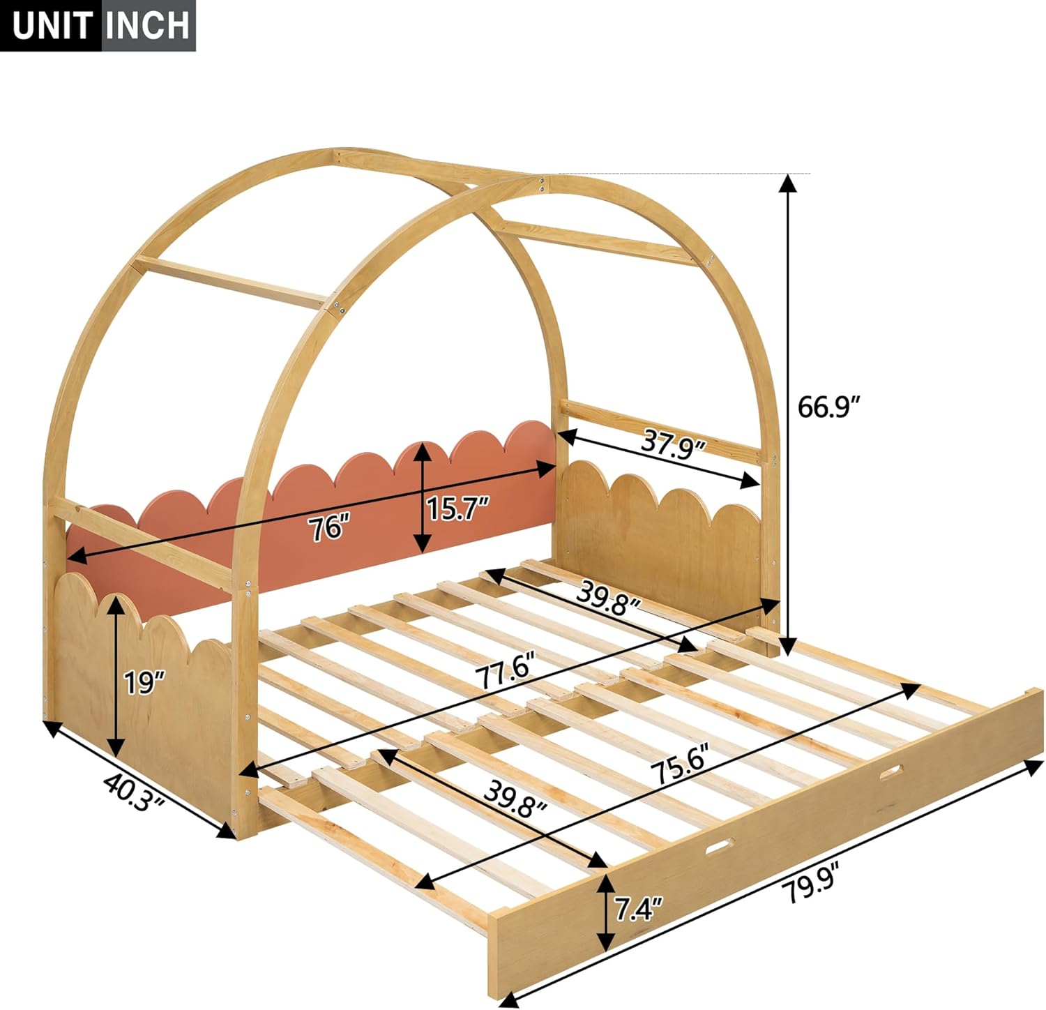 Floor Bed Twin to King, Wood House Montessori Bed Frame with Fence Rails and Vaulted Roof, Extending Kids Bed for 2 Girls Boys, Playhouse Design, Natural