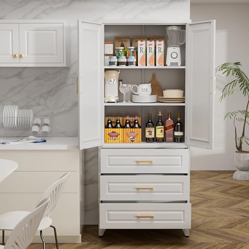 71" Tall Metal Storage Cabinet, Kitchen Pantry Storage Cabinets with Doors and 4 Shelves, White Pantry Cabinet, Utility Kitchen Cupboard, Large Steel Cabinets for Dining Room, Office, Living Room