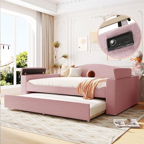 Full Size Classic Upholstered Daybed with 2 Storage Drawers, Wooden Sofa Bed Frame with Linen Fabric Back and Wood Slat Support for Bedroom Guest Room, No Box Spring Needed (Beige-05+Drawers)