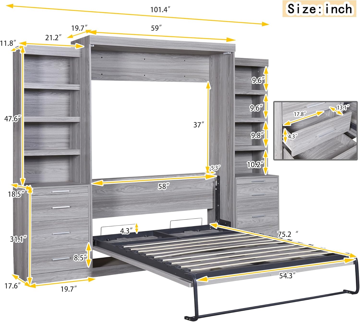 Harper & Bright Designs Full Size Murphy Bed, Wood Full Murphy Bed with Storage Shelves and Drawers, Gray