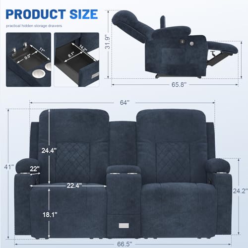 YONISEE Fabric Loveseat Recliner, Reclining Loveseat Sofa with Storage Console, Recliner Chair with USB Ports, 2 Cell Phone Holders, Cup Holder, Loveseat Couch for Living Room (Grey)