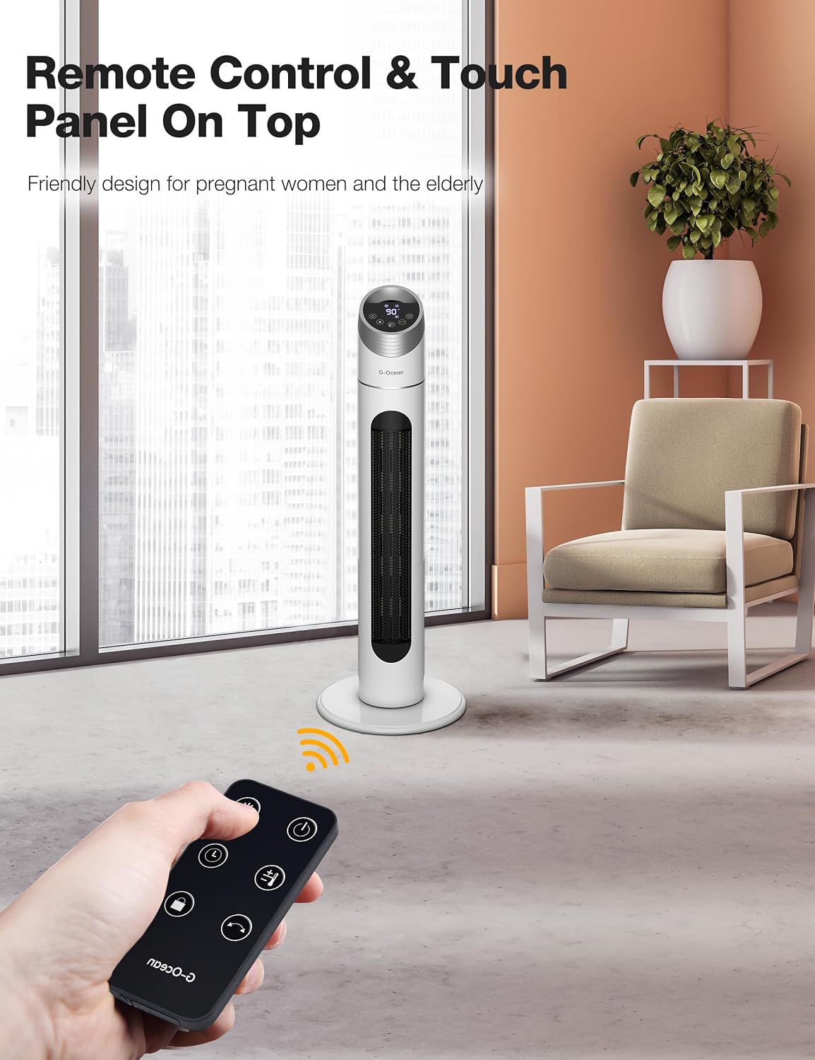 Space Heater for Large Room, 34" Tower Heater with Remote, 1500W Space Heater with 12H Timer, 70° Oscillating, Adjustable Thermostat, Overheating & Tip-over Protection for Garage, Home Indoor Use