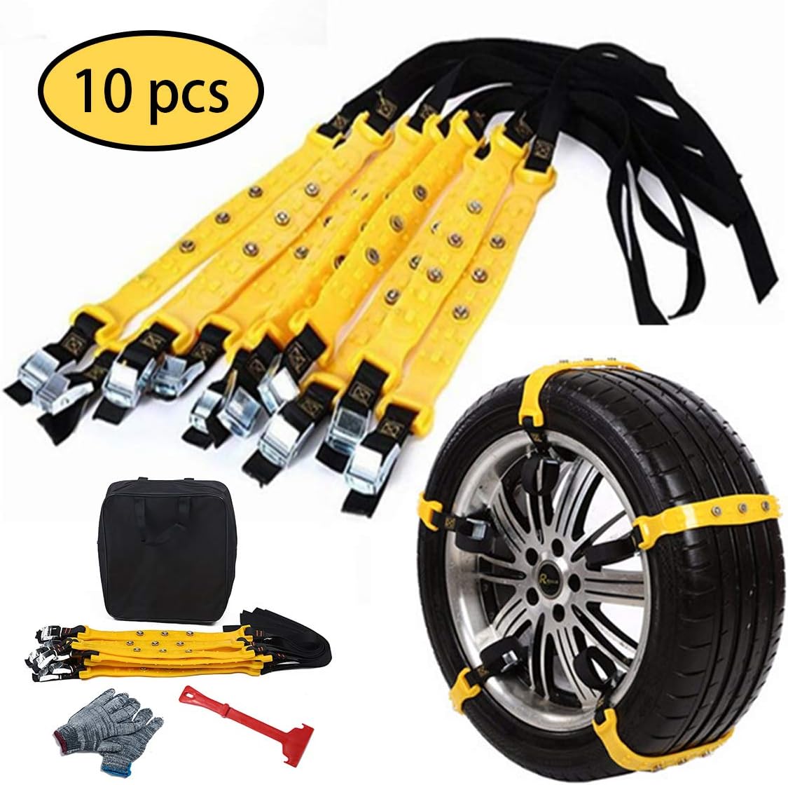 PrettyQueen 10 Pcs Upgraded Car Tire Chains for Snow Ice Mud, Anti-Skid Car Chains Emergency Traction Universal for Tyres 185-295mm/7.2-11.6 inches