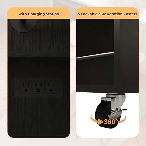 GarveeHome Rolling Kitchen Island Cart with Power Outlet & Drop Leaf, Kitchen Storage Cabinet On Wheels with 3 Drawers, Spice Rack & Towel Rack, Mobile Island Table for Kitchen, Black