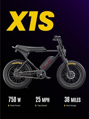MACFOX Electric Bike for Adults - Peak 750W, 25MPH High-Speed Commuter Ebike, 30 Mile Range, 20" All-Terrain Fat Tires with Front Suspension, Off-Road/Campus E-Bicycle (X1S/Class 3)