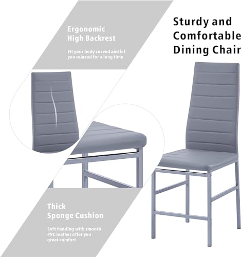 Round Glass Dining Table Set 5 Pieces Dining Table Chair Set for Home Kitchen Round Tripod Chrome Legs Table with 4 PU Chairs, Contemporary Dining Room Furniture Set for Small Space
