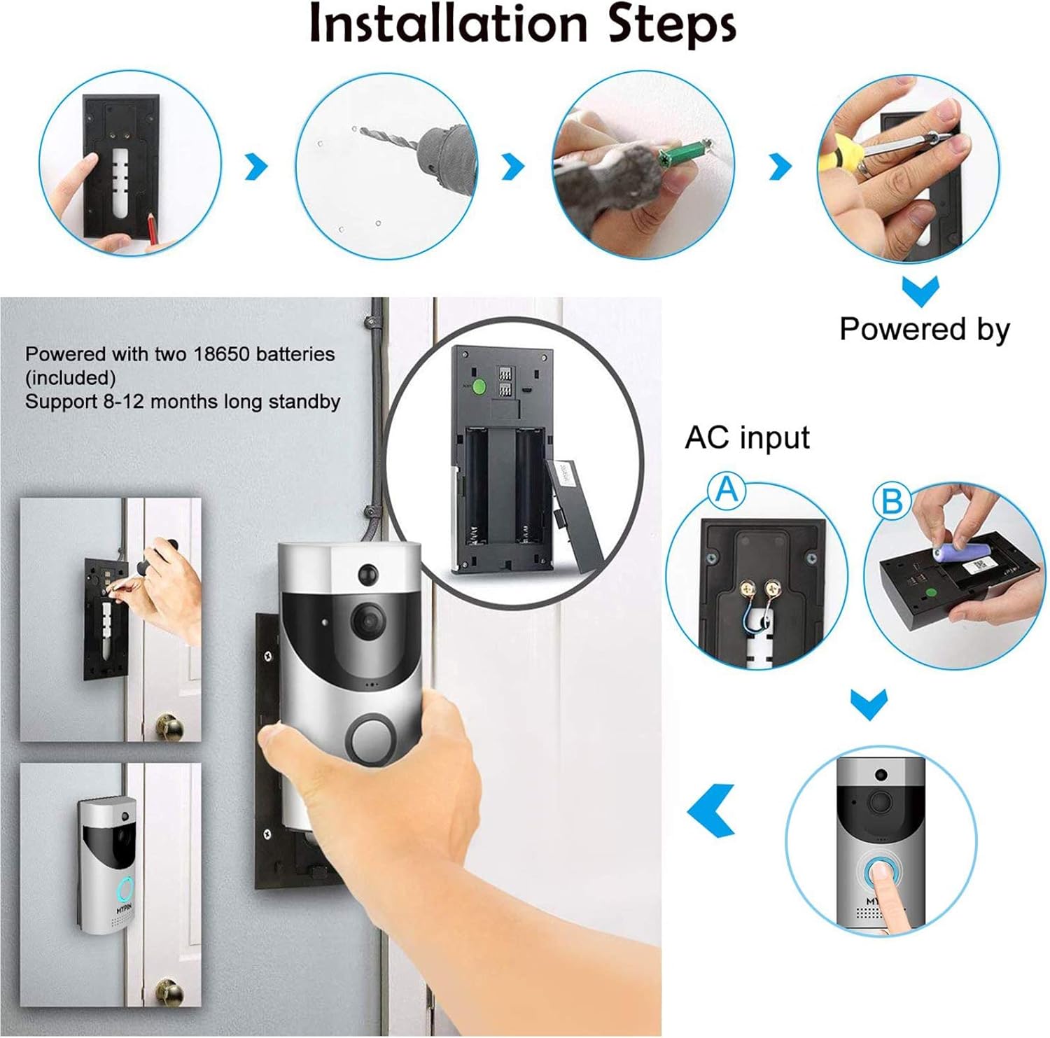 Wireless Doorbell Camera, Waterproof WiFi Doorbell Security Camera with Chime, Cloud Storage, Two-Way Talk, PIR Motion Detection, Night Vision and Rechargeable Batteries