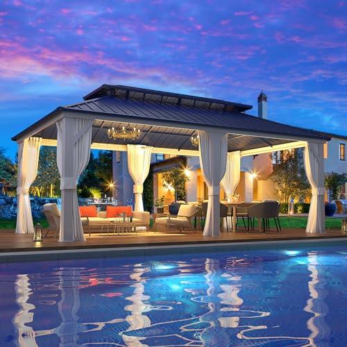 EROMMY 14'x20' Hardtop Gazebo Double Roof Galvanized Steel Canopy Outdoor Aluminum Frame Permanent Metal Pavilion with Netting and Curtains for Patio Backyard Deck and Lawns
