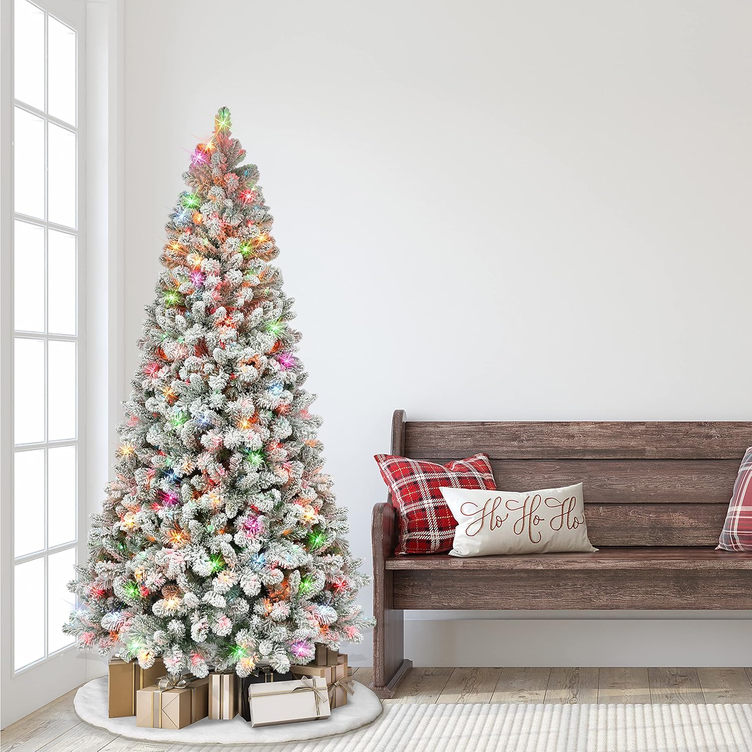 Puleo International 6.5 ft Pre-lit Flocked Virginia Pine Tree 787 Tips 300 UL Multi-Color Lights