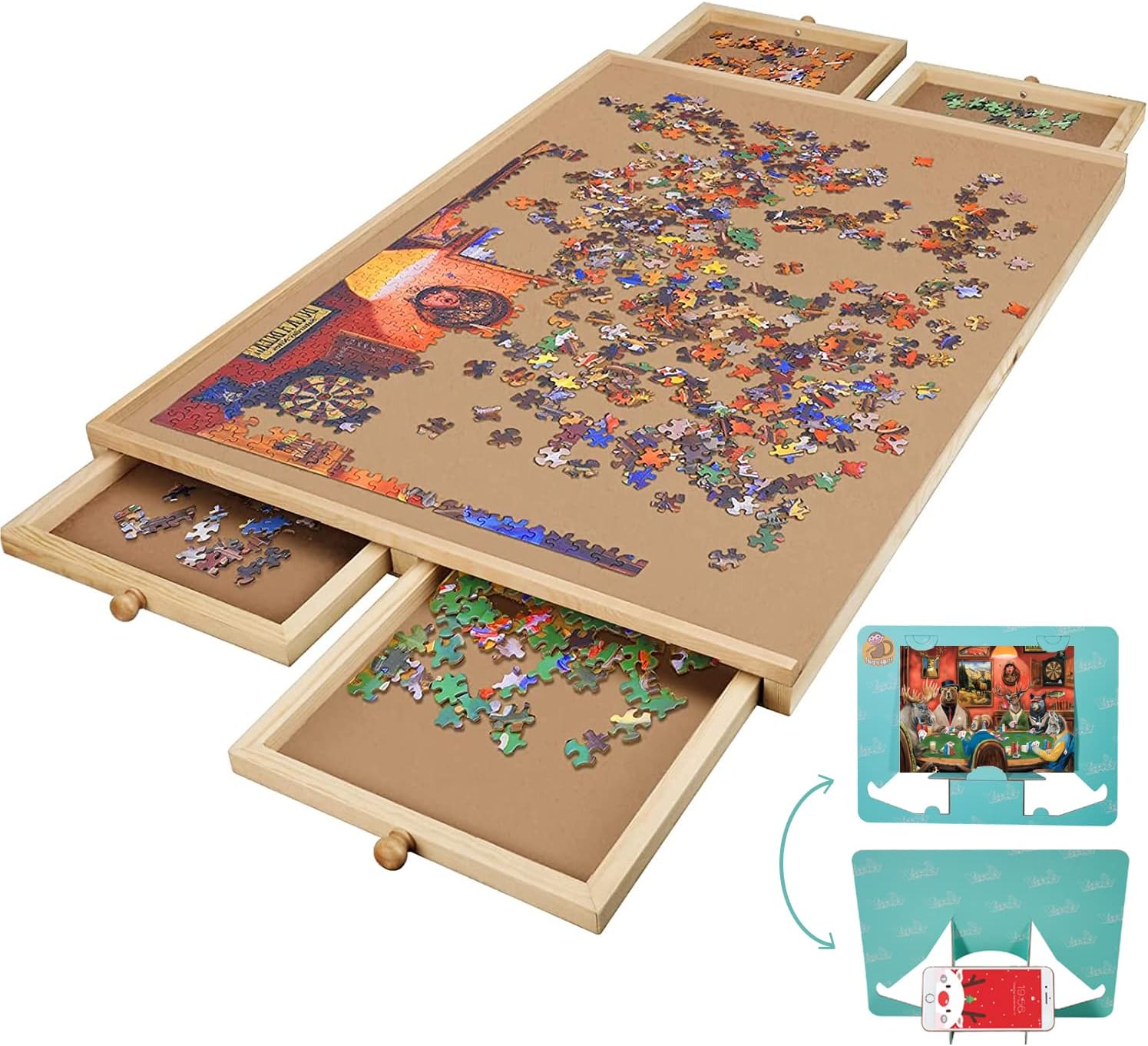 Lovinouse Upgraded 1000 Piece Wooden Puzzle Table with Holder, Jigsaw Puzzles Plateau Puzzle Board with Smooth Fiberboard Work Surface, 4 Sliding Drawers, Puzzle Storage for Teens Adults