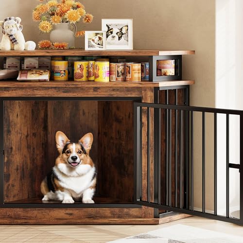 IRONCK 51" Corner Wooden Dog Crate Furniture with 2-Tier Shelves, Pet Kennel for Large Dogs, Space-Saving Dog Cage Indoor, Rustic Brown (26.7" L x 51.2" W x 33.5" H)