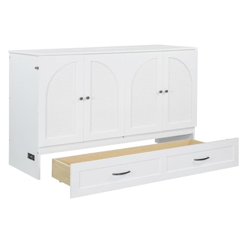 Full Size Murphy Bed Cabinet, Solid Wood Murphy Bed with Charging Station and Large Storage Drawer, Wall Mounted Foldable Platform Bed, Space Saving for Guest Room, Office, Gray