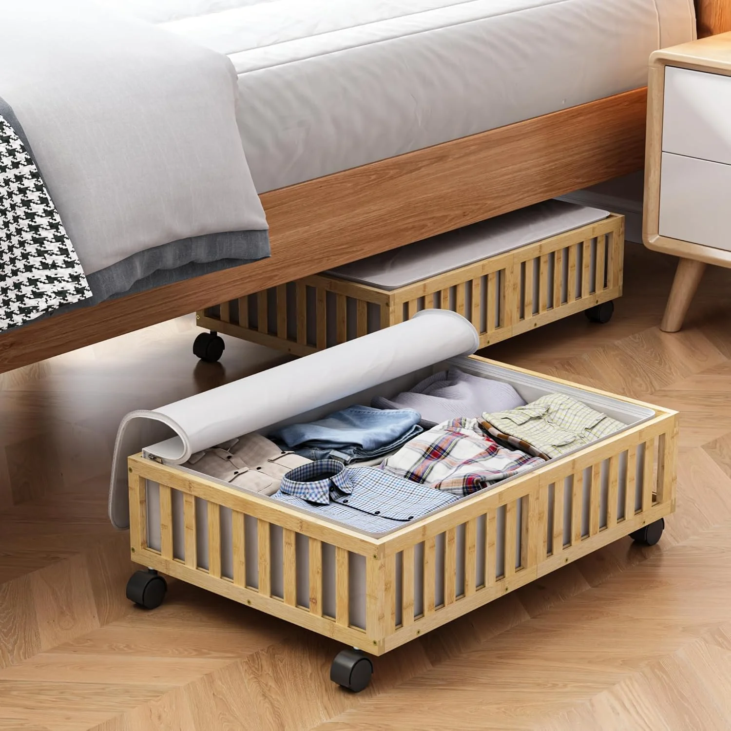 Under Bed Storage Containers with Wheels, 2 Pack Under the Bed Shoe Storage Bins, Large Wood Rolling Underbed Drawers Organizer for Bedroom Sheet Clothes Comforter, Under Crib Toy Storage White