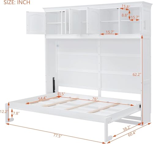 MERITLINE Queen Horizontal Murphy Bed Cabinet with Storage Bookcase Shelves and Charging Station,Wood Folding Grey Murphy Wall Bed for Adult