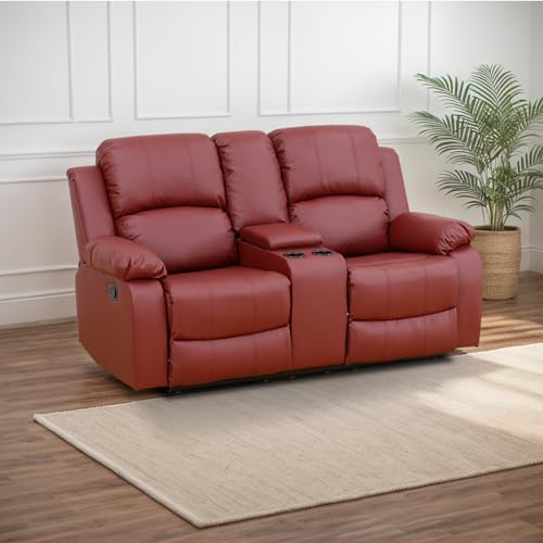 Recliner Loveseat, Leather Couch Living Room 2-Seat Sofa Chair with Storage Box and Cup Holders for Apartment, Home, Office (Red)