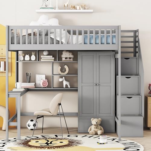 Full Size Loft Bed with Wardrobe Desk Storage Stairs, Wood Loft Bed Frame with Bookcase and Drawers, High Loft Bedframe for Kids Teens Adults, No Box Spring Needed, Espresso