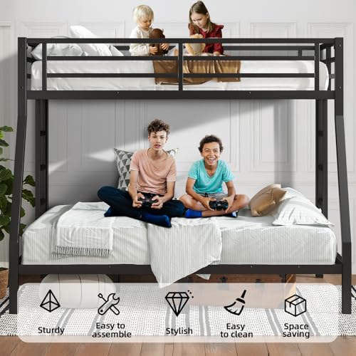 Twin XL Over Twin XL Bunk Bed, Metal Bunk Bed Frame Heavy Duty Bunk Beds Loft Bed Frame with Ladder and Guardrail Metal Slats No Box Spring Required for Adults Teens, Black