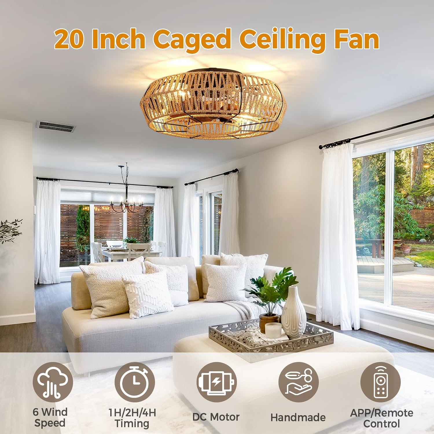 Boho Ceiling Fan with Lights - 20 Inch Flush Mount Ceiling Fan with Light and Remote/APP Low Profile Ceiling Light Enclosed Rattan Caged Ceiling Fan for Bedroom Living Room Farmhouse Indoor