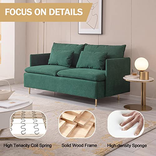 Mid-Century 2-Seat Loveseat Couch, Love Seats Furniture Cotton Linen Fabric and Gold Metal Legs, Small Sofa for Living Room, Bedroom, Apartment Small Spaces, 63 inch Green