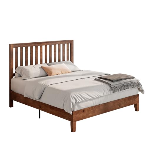 Full Size Solid Wood Bed Frame with Headboard, Platform Bed with Slat Support/No Box Spring Needed/Easy Assembly, Walnut