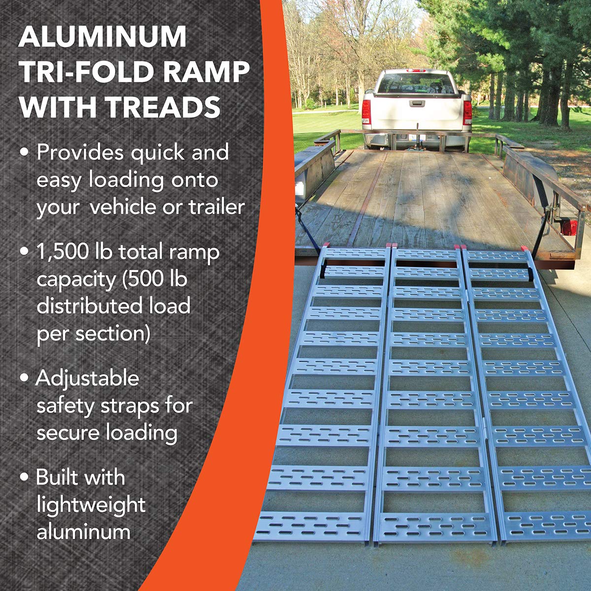 CARGOSMART Aluminum Tri-Fold Ramp with Treads (1pk) – Easily and Safely Load and Unload Push Mowers, Garden Tillers, ATVs and More, 1,500 lb. Capacity (500 lbs per Section), 50” W x 76” L