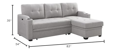 LSOFA 83 Inch Convertible L Shaped Sleeper Sectional Sofa Linen with Storage Chaise, Pull Out Bed, Cup Holder, USB Charging Port, Side Pocket, Reversible Corner Couch Design, 83, Light Grey4