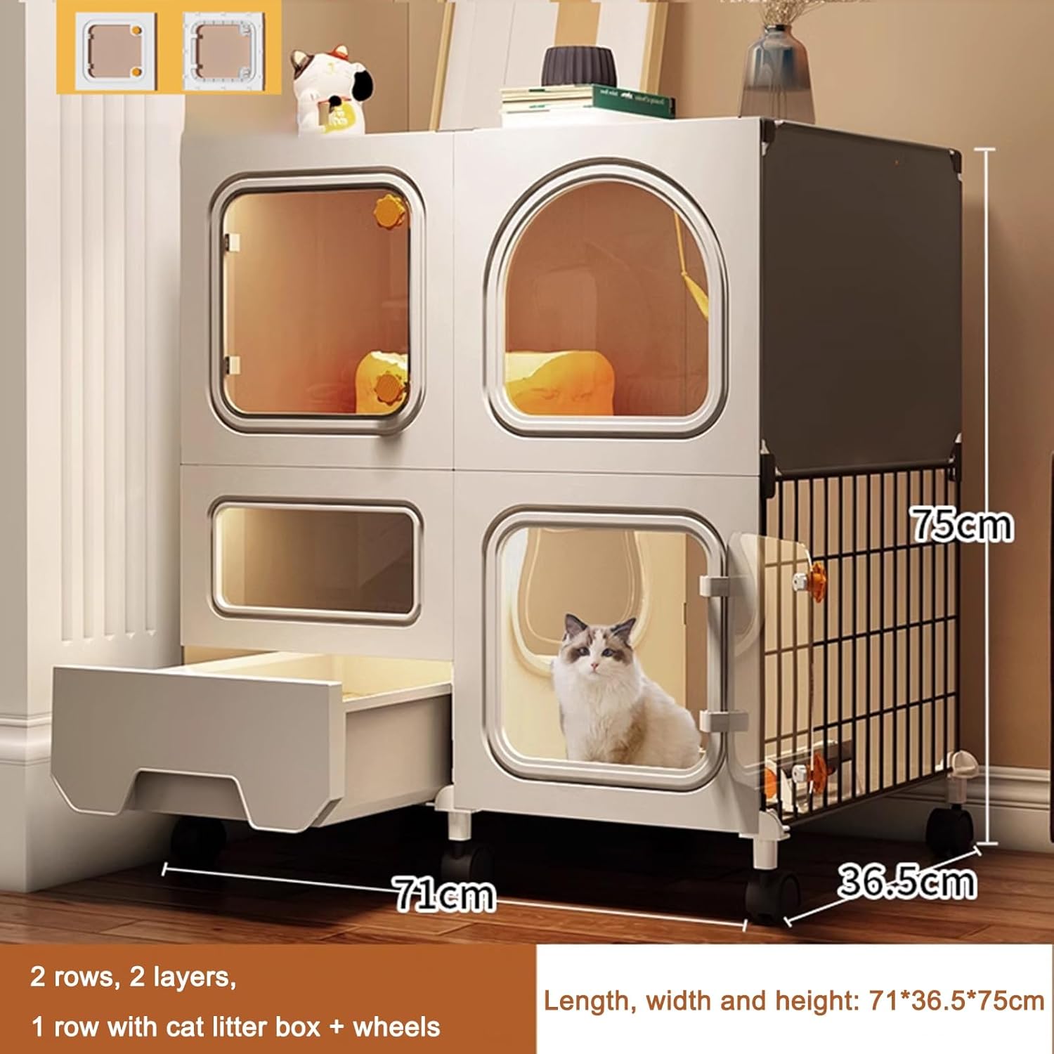 Cage for Cats Cat Cages Indoor with Litter Box, Cat Enclosure with Wheels, 2-Tier Large Cat Cage Indoor Enclosure with Transparent Windows and Knob Locks, Good Ventilation