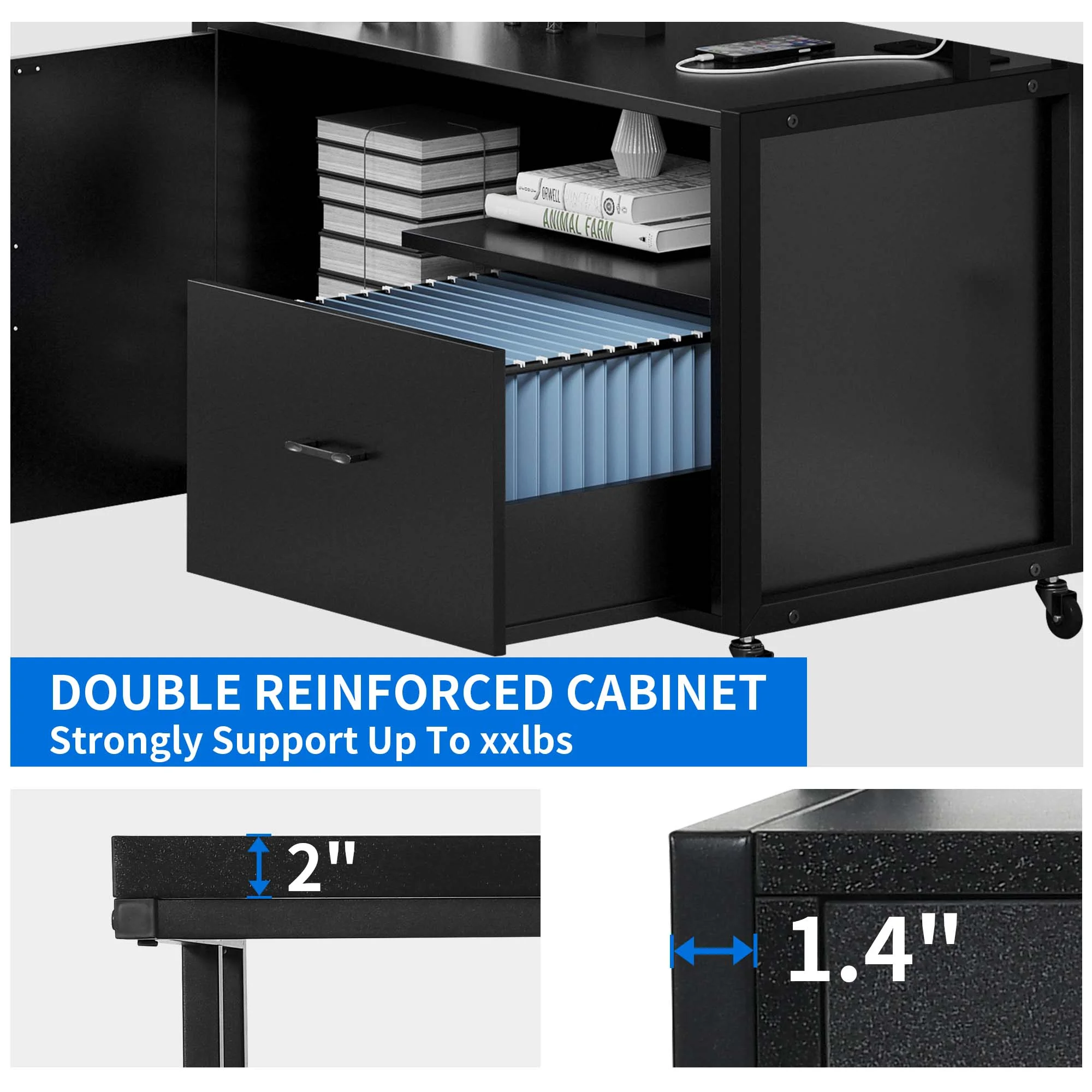 DWVO Wood File Cabinet with Charging Station, Rolling Lateral Filing Cart with Door & Printer Shelf for A4 Letter Size Files for Home Office