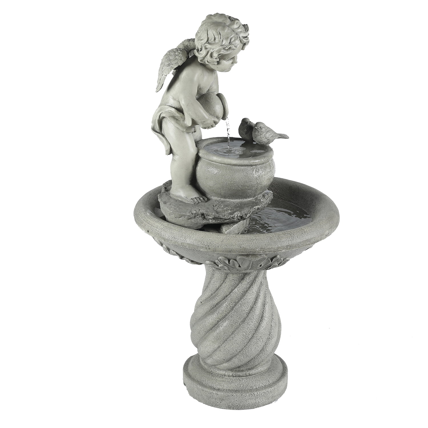 LuxenHome Gray Resin Cherub Birdbath Outdoor Patio Fountain