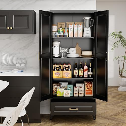 71" Tall Metal Storage Cabinet, Kitchen Pantry Storage Cabinets with Doors and 4 Shelves, White Pantry Cabinet, Utility Kitchen Cupboard, Large Steel Cabinets for Dining Room, Office, Living Room