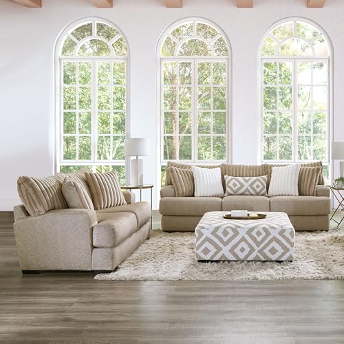 Furniture of America Lola Chenille 3-Piece Sofa Set with Square Patterned Ottoman, Ultra Soft Back Cushions and Accent Pillows with Channel Tufting for Living Room, Home Office, Light Brown