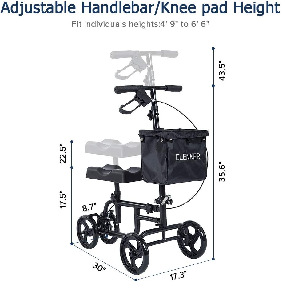 ELENKER Knee Scooter Economy Steerable Knee Walker Ultra Compact & Portable Crutch Alternative with Basket Braking System for Ankle/Foot/Leg Injury or Surgery Black