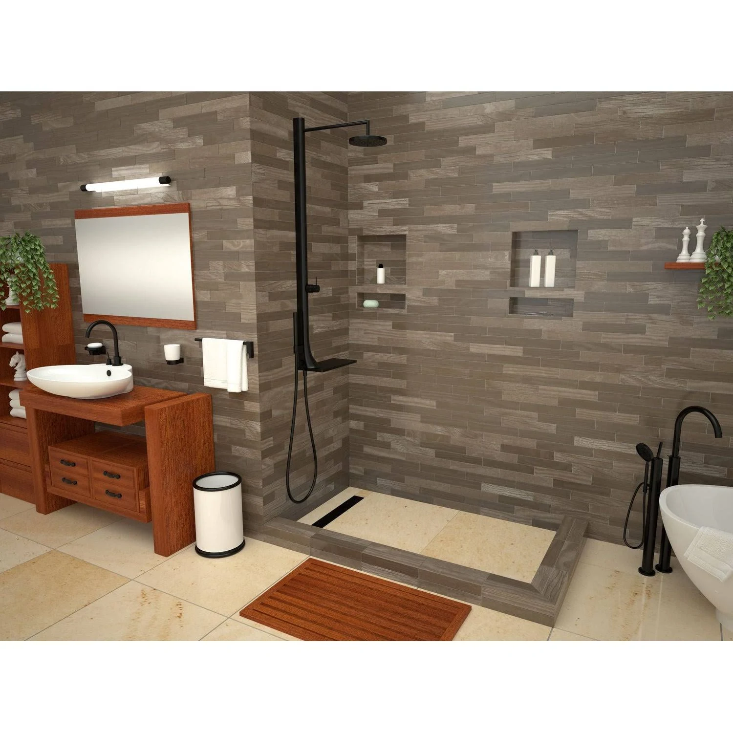 Tile Redi Double Threshold Shower Base with Designer Grate, Bronze