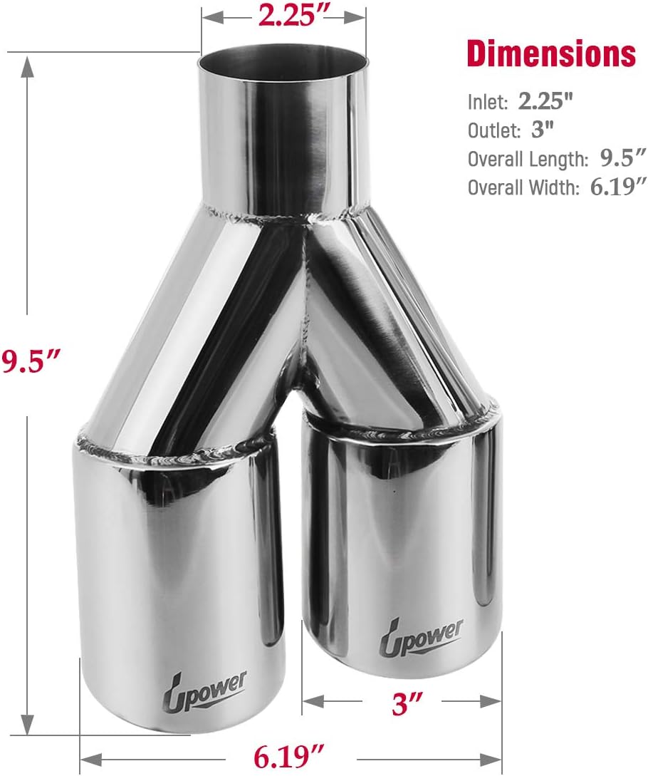 Upower 2PCS Dual Exhaust Tips 2.25 Inlet 3 Outlet Universal Car Truck 304 Stainless Steel Exhaust Tailpipe Tips 2.25 to 3 inch Weld On Tail Pipe