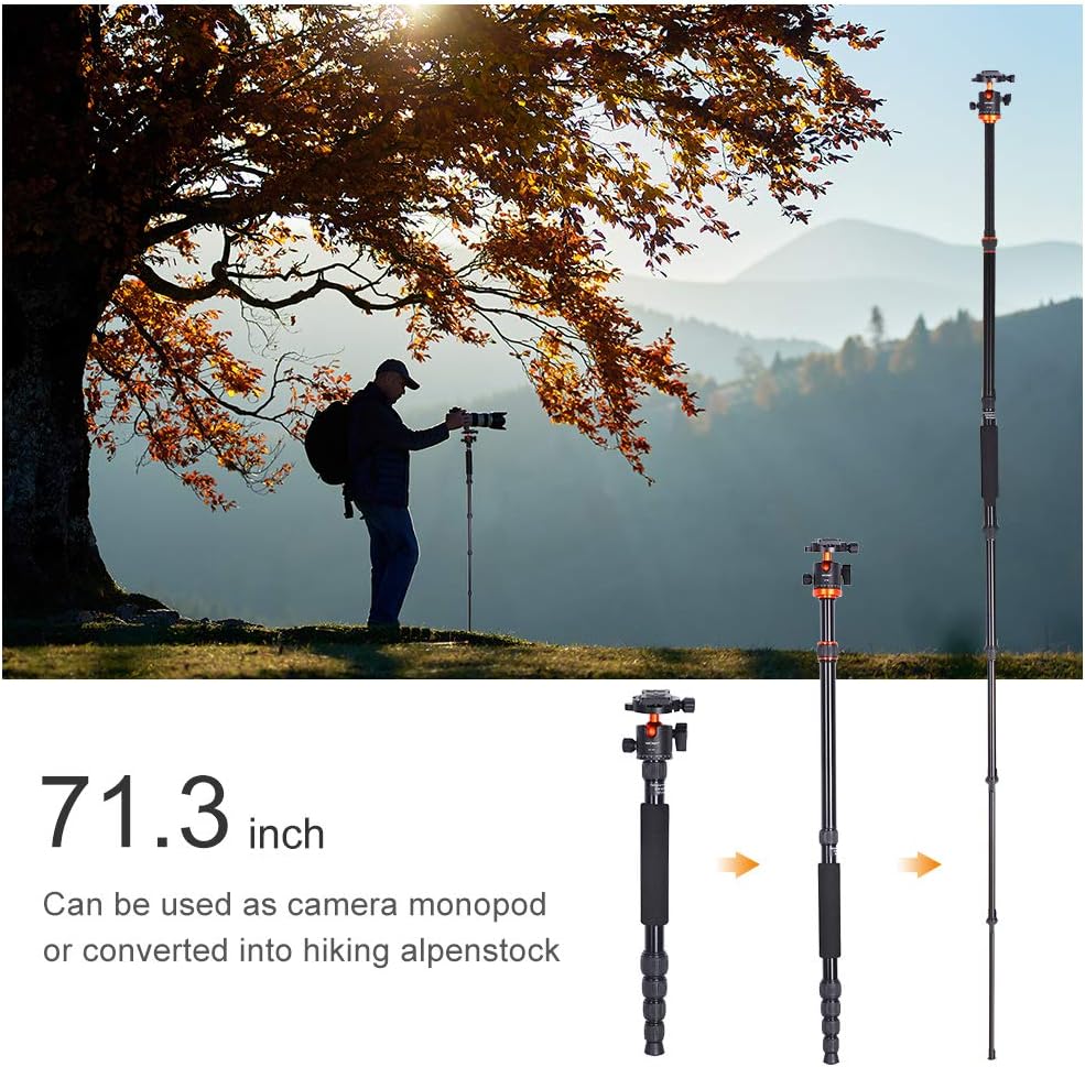 K&F Concept 67 inch Camera Tripods,K255A4+BH-28L (TM2515M1) Compact Travel Tripod with Monopod,10kg/22lbs Load Capacity 360° Panorama Ball Head Compatible with DSLR Cameras