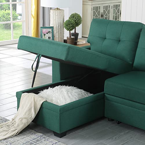 L-Shape Sofa Sectional Convertible Sleeper with Storage Chaise and Pull-Out Bed, Linen Upholstered Reversible Corner 3 Person Couch, for Living Room, Apartment, 82" Green, 82inch
