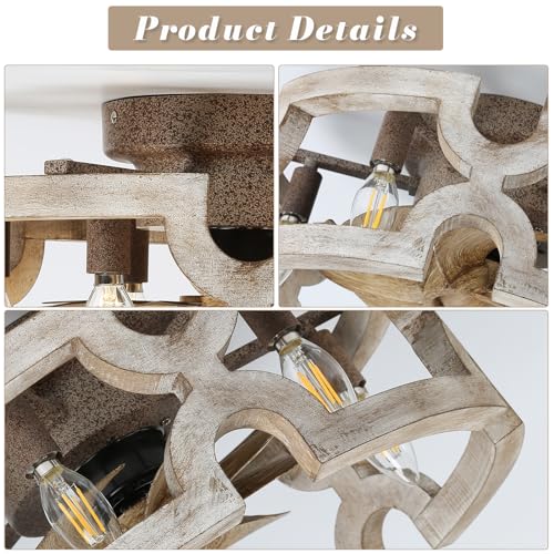 Fandelier Ceiling Fan with Light, Farmhouse Ceiling Fans Lights Caged 18 in Rustic Boho Wood Chandelier Fan Fixtures Vintage Bladeless Ceiling Fan Remote Dining Room 6xE12 Base (White-1)
