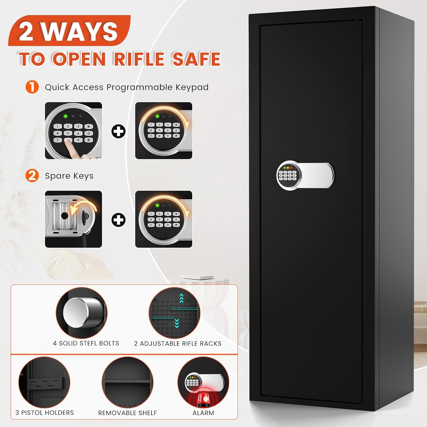 Gun Safe for 6-8 Guns, Gun Safes for Home Rifle and Pistols Fireproof, Rifle Safes for Home with Easy Set up Combination & Spare Keys, Anti-theft Lock and Alarm, Adjustable Racks, Silent Mode